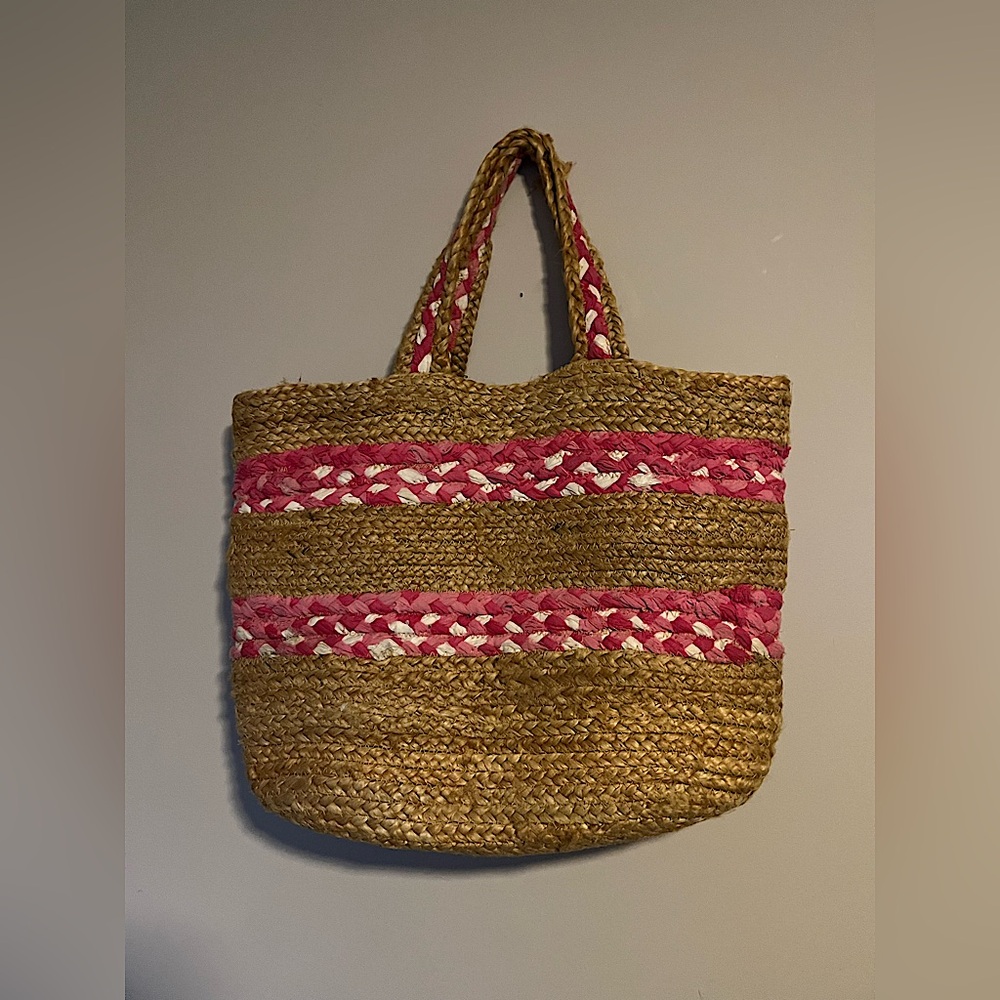 Pink and Tan Woven Tote Bag